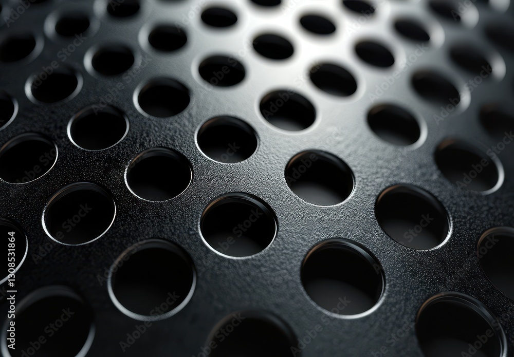 Poster close-up view of circular holes on a metallic grate surface with smooth texture and reflections in l