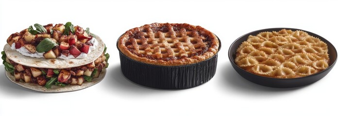 A trio of culinary masterpieces offers a savory wrap with visible fillings, a creamy cannoli pastry, and a plate of golden tortellini pasta