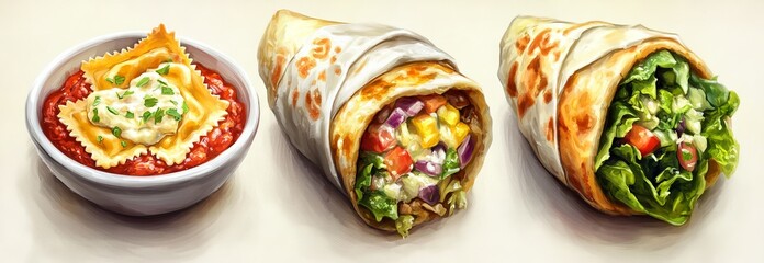 Three food illustrations feature a plate of spaghetti with sauce and basil, a serving of ravioli pasta, and a vibrant vegetable wrap