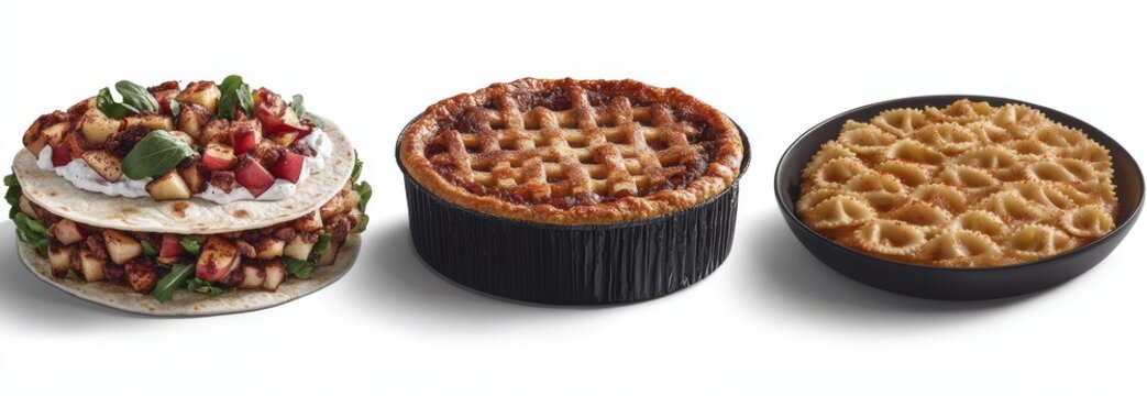 A trio of culinary masterpieces offers a savory wrap with visible fillings, a creamy cannoli pastry, and a plate of golden tortellini pasta