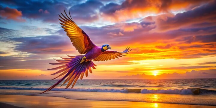 Vibrant parrot in majestic flight over ocean waves at sunset, a spectacle of color and freedom.