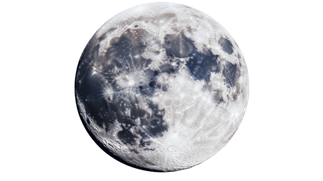Full moon rotating showing craters and surface details on transparent background