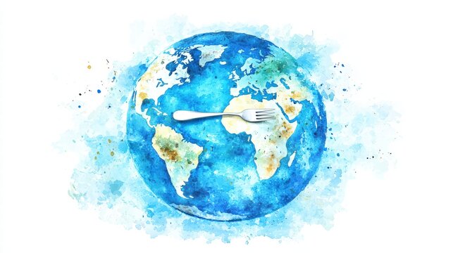 Unique conceptual image featuring a fork resting on a globe symbolizing global cuisine exploration