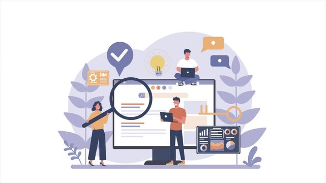team working together to find SEO 2D animated Illustration