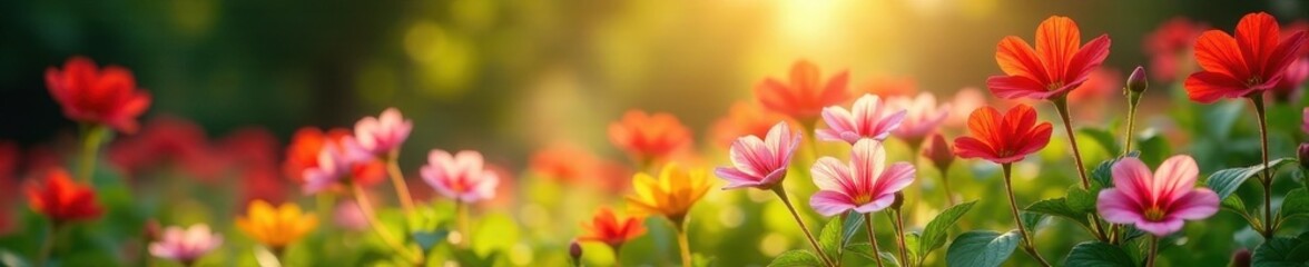Fototapeta premium Sunlit lobelia flowers in a lush summer garden, ample copy space, copy space, foliage