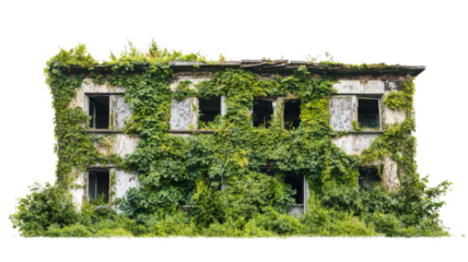 Abandoned building covered by lush vegetation with transparent background