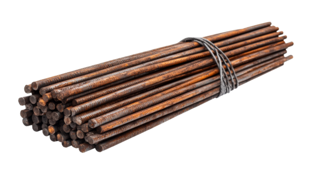 Bundle of rusty reinforcing steel bars tied with wire on transparent background