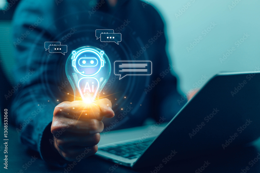 Poster  Using AI chat in search and giving  to help in business has technology, to create computer concepts with robots as new digital software