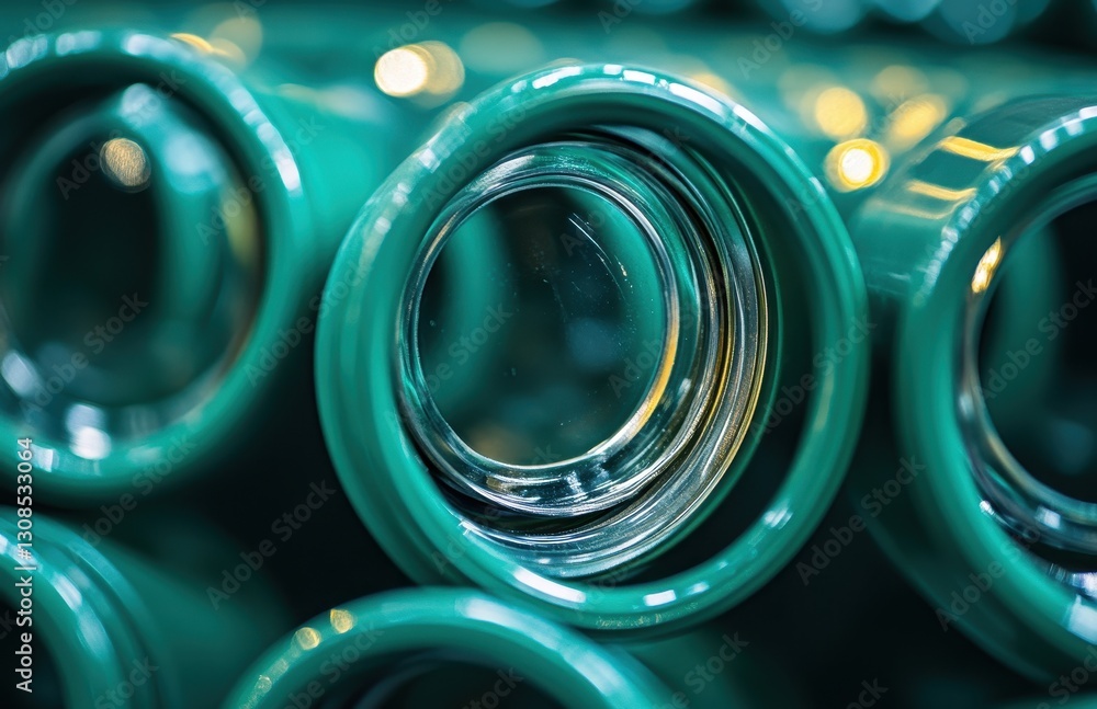 Poster close-up view of green glass bottles with circular openings reflecting light in a soft focus backgro