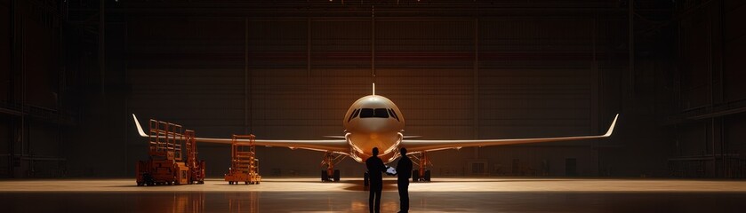 Fototapeta premium Engineers inspecting a large commercial aircraft inside a dimly lit hangar