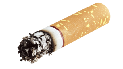 Burning cigarette with ash on transparent background
