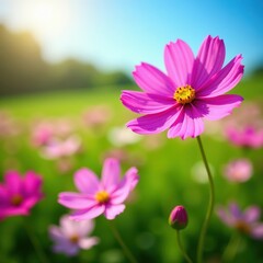 Fototapeta premium Vibrant cosmos flowers bloom in a sunny garden , design, purple, day