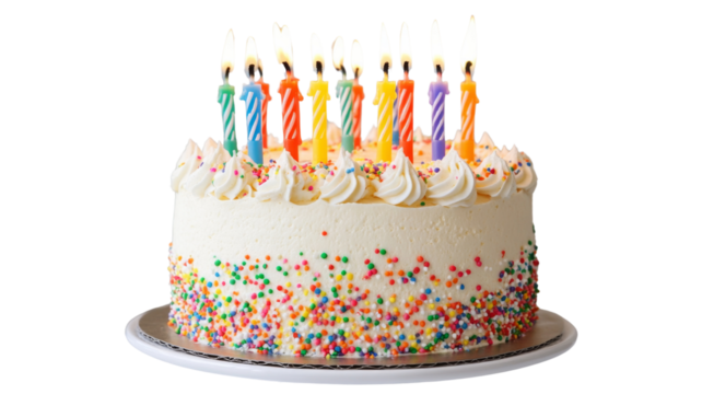 Delicious eleventh birthday cake with lit candles on transparent background