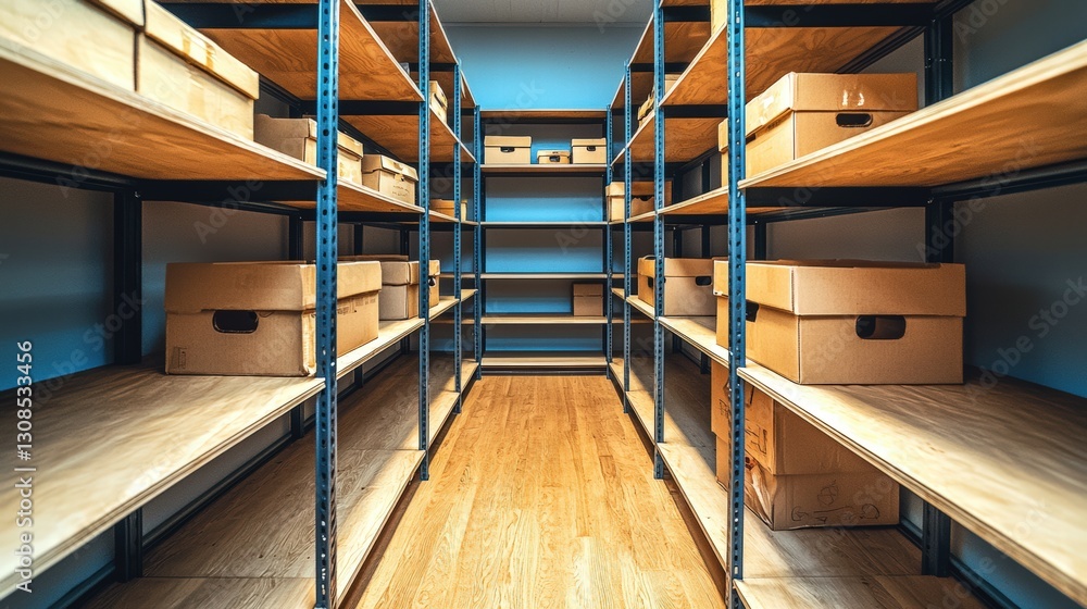 Poster long row of shelves stocked with various items for display and easy access in a storage area