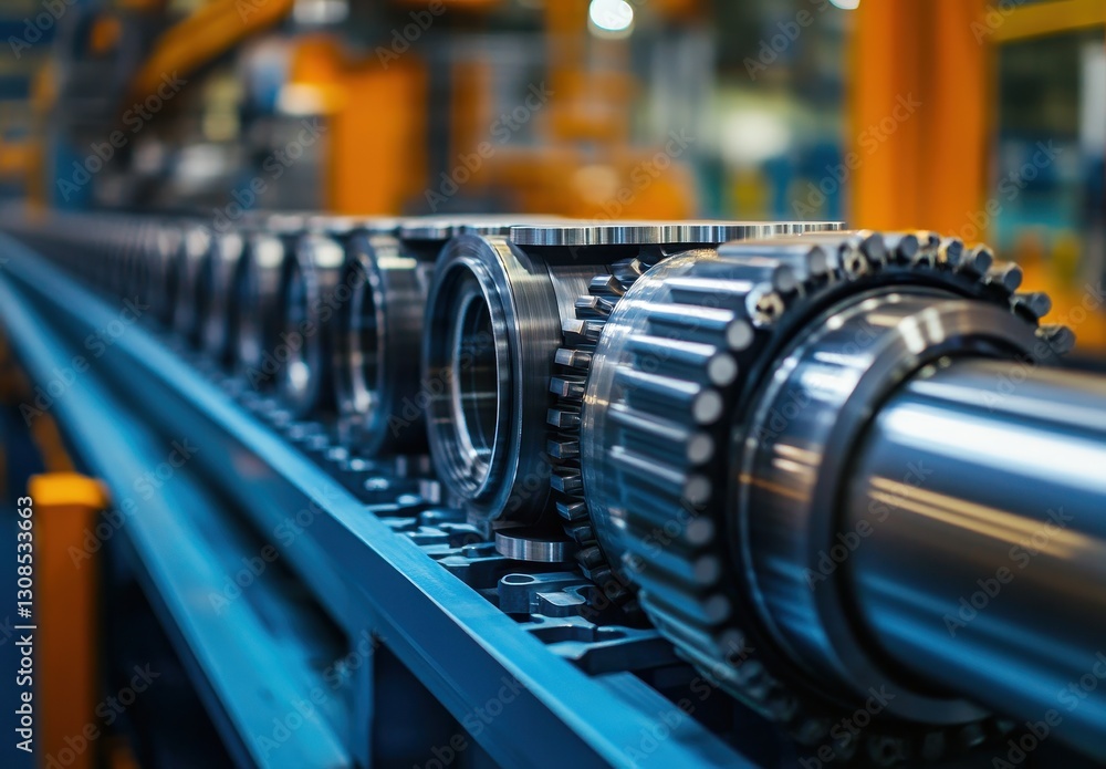 Poster close-up view of industrial machinery components on a production line in a modern factory setting wi