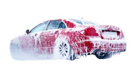 Red car covered in soap suds being washed with transparent background