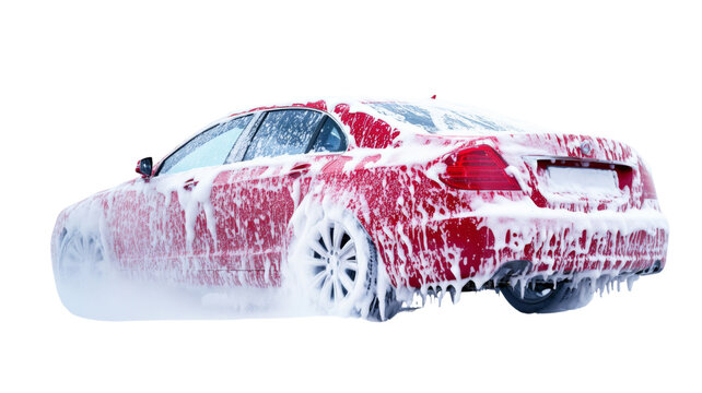 Red car covered in soap suds being washed with transparent background