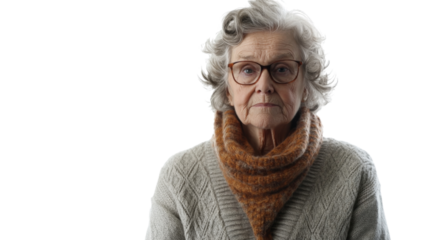 Serious senior woman wearing glasses and scarf on transparent background