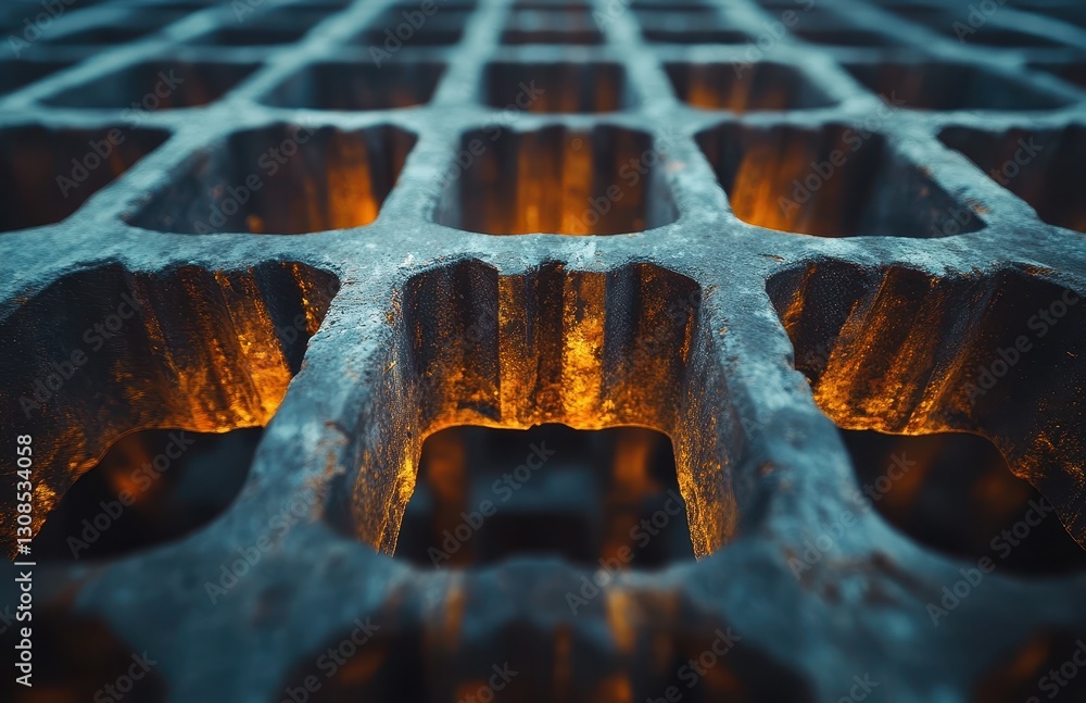 Poster close-up view of industrial metal grate with illuminated spaces and intricate patterns highlighting 