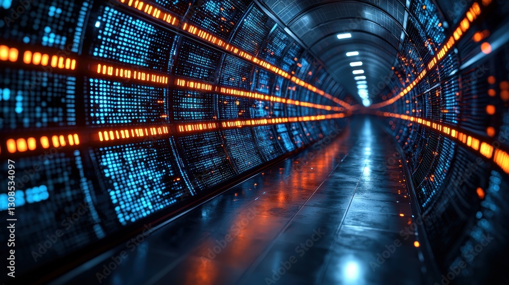 Poster a long tunnel adorned with numerous bright lights creating a captivating and dynamic atmosphere