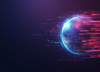 Obraz premium Double exposure artwork: a luminous sphere encircled by dynamic lines and dots, symbolizing global data flow and digital networks. Vibrant abstract design