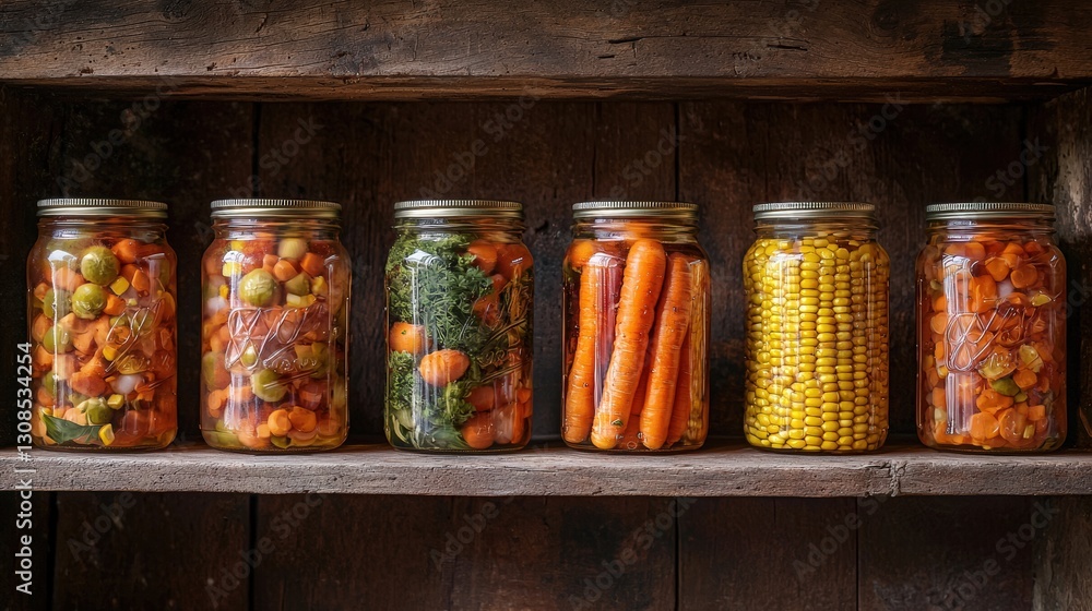 Poster a colorful shelf filled with jars of preserved vegetables creating a vibrant display in the kitchen