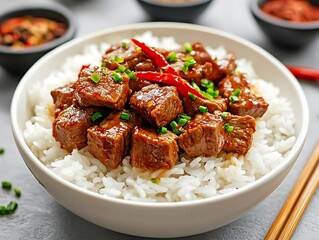 Fototapeta premium Delicious stir-fried beef with savory sauce, red chili peppers, and green onions on a bed of fluffy white rice