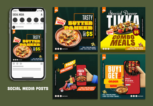 Food Social Media Editable Post Set with Discount Offers on Combo Meals, Fast Delivery, Order Food Online, Fast Food Offers with Paneer Item Images. 