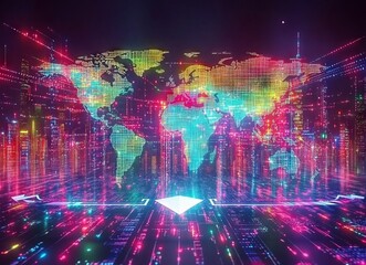 Fototapeta premium Against a dark backdrop, a double exposure of a world map showcases a futuristic design with vibrant neon lights and glowing lines, forming a dynamic and abstract pattern