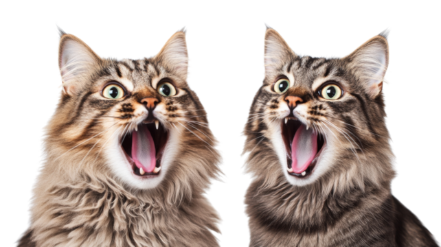 Two surprised cats meowing with open mouth on transparent background