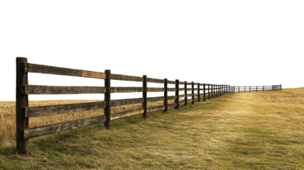 Long wooden fence running through a dry field with transparent background