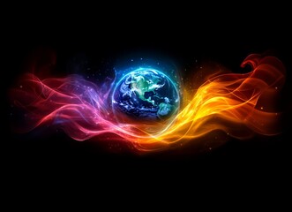 Fototapeta premium A globe glowing with vibrant light streams, using a double exposure effect. This abstract and dynamic image conveys global connectivity and digital energy