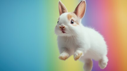 Playful white rabbit leaping against a colorful background animal photography vibrant environment close-up perspective