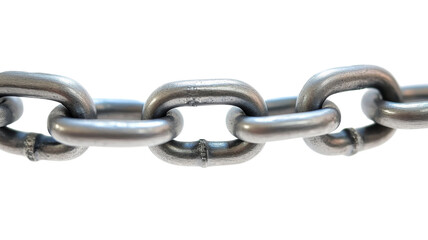 Close-up of interlocking metal chain links on transparent background