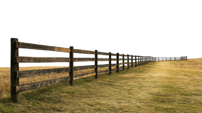 Long wooden fence running through a dry field with transparent background
