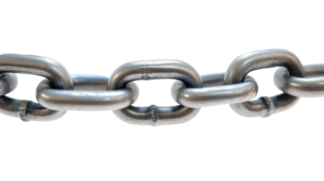 Close-up of interlocking metal chain links on transparent background