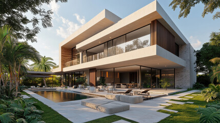 Fototapeta premium Modern Luxury Villa with Pool and Tropical Landscape