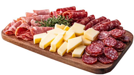 Wooden cutting board presenting sliced salami, cheese, and cured meats with thyme garnish on transparent background