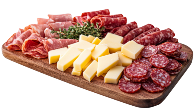 Wooden cutting board presenting sliced salami, cheese, and cured meats with thyme garnish on transparent background