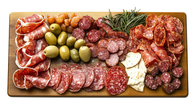 Delicious charcuterie board presenting assorted cured meats, olives, and crackers on transparent background