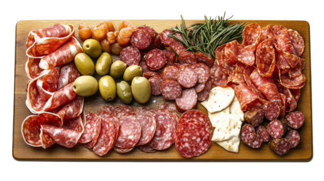 Delicious charcuterie board presenting assorted cured meats, olives, and crackers on transparent background - Powered by Adobe