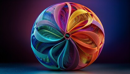 Colorful kinetic sculpture with rotating elements, vibrant hues in motion, fluid patterns create an engaging visual experience.