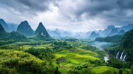 Fototapeta premium Green rice terraces and karst mountains under a cloudy sky in China