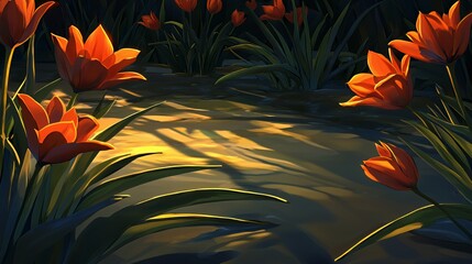Fototapeta premium Orange Tulips in Golden Sunset Light