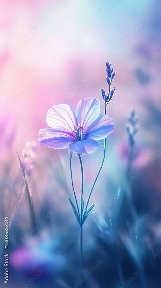 Poster close-up view of a delicate flower surrounded by soft colors in a tranquil field during early mornin