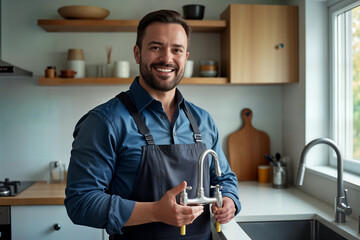 Plumber man wearing work clothes holds basin pillar taps in his hands. He stay near a kitchen sink.