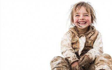 Child plays joyfully in mud with a big smile, embodying carefree moments of childhood outdoors