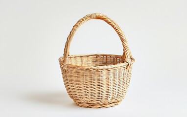 Obraz premium Woven wicker basket with a curved handle sitting on a plain background, perfect for storage or decoration ideas