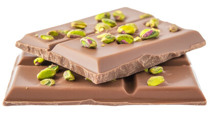 Milk chocolate bars with pistachios on transparent background