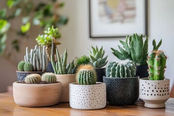 A collection of unique cacti placed in various pots, adding to the cozy ambiance of a modern apartment's living room or bedroom.
